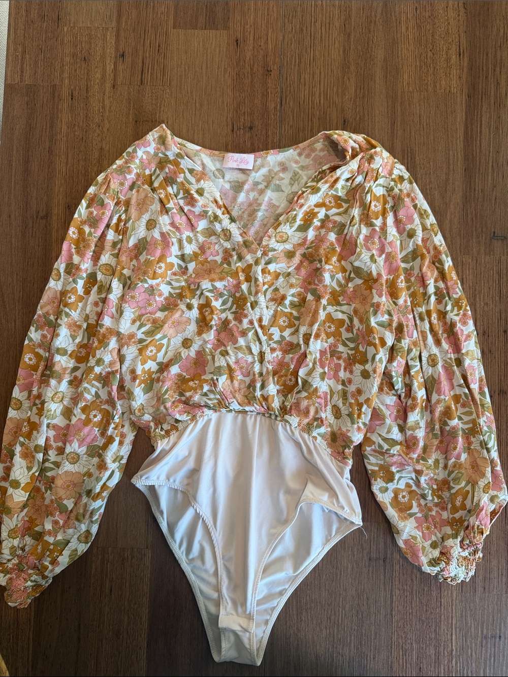 Floral Puff-Sleeve Bodysuit in Pink & Mustard by Pink Lily